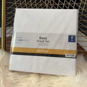 MAINSTAYS Twin Sheet Set Microfiber White 3 Piece Flat, Fitted, + Pillowcase